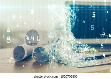 Technology theme drawing and table with computer. Double exposure. Concept of information.