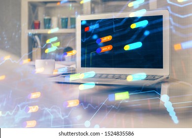 Technology theme drawing and table with computer. Multi exposure. Concept of information.