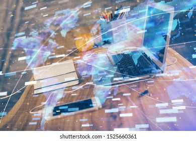 Technology theme drawing and table with computer. Double exposure. Concept of information.