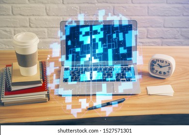 Technology theme drawing and table with computer. Double exposure. Concept of information.