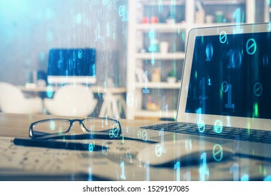 Technology theme drawing and table with computer. Multi exposure. Concept of information.
