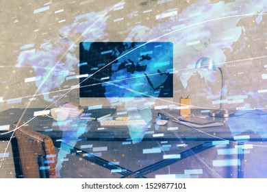 Technology theme drawing and table with computer. Double exposure. Concept of information.