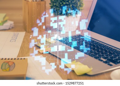 Technology theme drawing and table with computer. Double exposure. Concept of information.