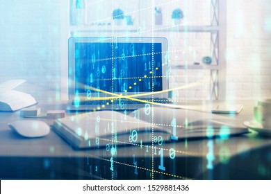 Technology theme drawing and table with computer. Multi exposure. Concept of information.