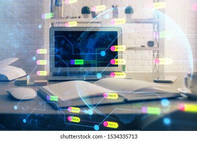 Technology theme drawing and table with computer. Multi exposure. Concept of information.