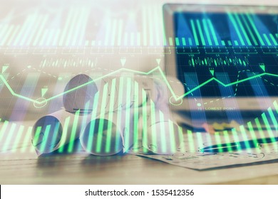 Technology theme drawing and table with computer. Double exposure. Concept of information.
