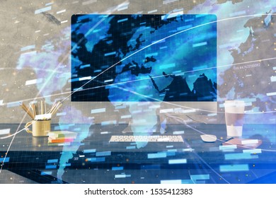 Technology theme drawing and table with computer. Double exposure. Concept of information.