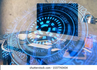 Technology theme drawing and table with computer. Double exposure. Concept of information.