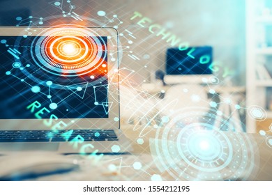 Technology theme drawing and table with computer. Multi exposure. Concept of information.