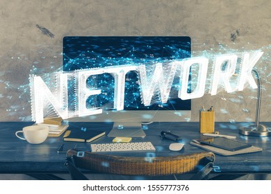 Technology theme drawing and table with computer. Double exposure. Concept of information.