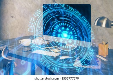 Technology theme drawing and table with computer. Double exposure. Concept of information.