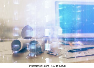 Technology theme drawing and table with computer. Double exposure. Concept of information.