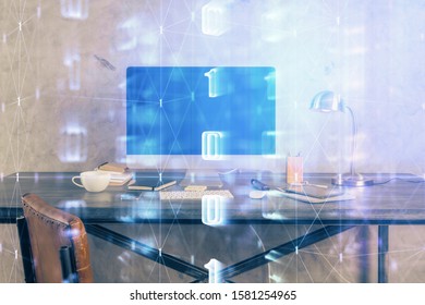 Technology theme drawing and table with computer. Double exposure. Concept of information.
