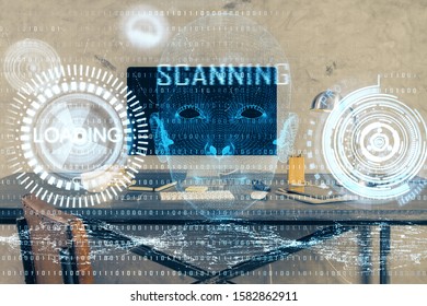 Technology theme drawing and table with computer. Double exposure. Concept of information.