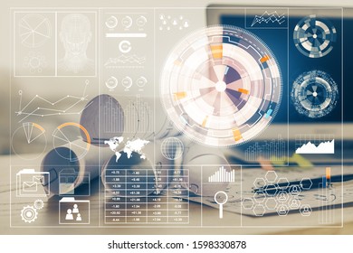 Technology theme drawing and table with computer. Double exposure. Concept of information.