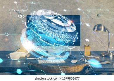 Technology theme drawing and table with computer. Double exposure. Concept of information.