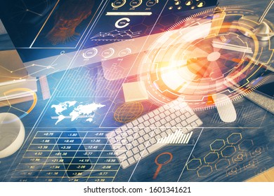 Technology theme drawing and table with computer. Double exposure. Concept of information.