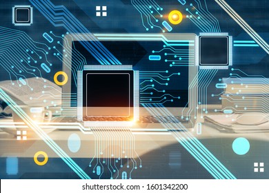 Technology theme drawing and table with computer. Multi exposure. Concept of information.
