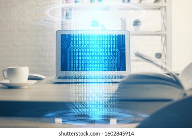 Technology theme drawing and table with computer. Multi exposure. Concept of information.