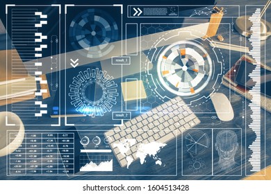 Technology theme drawing and table with computer. Double exposure. Concept of information.