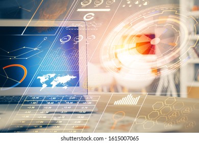 Technology theme drawing and table with computer. Multi exposure. Concept of information.