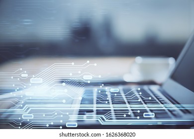 Technology theme drawing and table with computer. Double exposure. Concept of information.