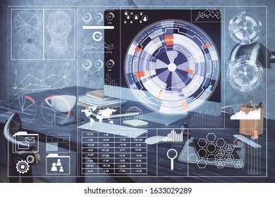 Technology theme drawing and table with computer. Double exposure. Concept of information.