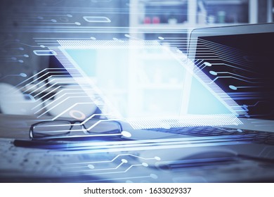 Technology theme drawing and table with computer. Multi exposure. Concept of information.