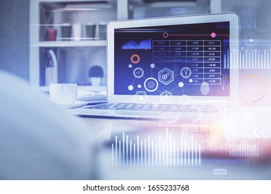Technology theme drawing and table with computer. Multi exposure. Concept of information.