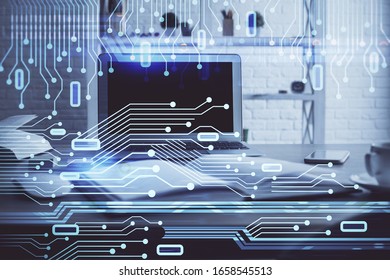 Technology theme drawing and table with computer. Multi exposure. Concept of information.