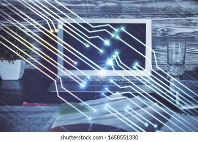 Technology theme drawing and table with computer. Multi exposure. Concept of information.