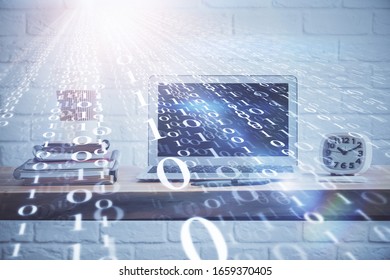Technology theme drawing and table with computer. Double exposure. Concept of information. - Powered by Shutterstock - Get 15% off with code: PIKWIZARD15