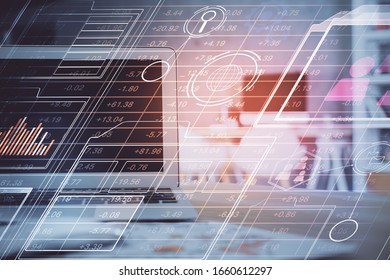 Technology theme drawing and table with computer. Multi exposure. Concept of information.