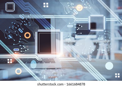 Technology theme drawing and table with computer. Multi exposure. Concept of information. - Shutterstock ID 1661684878