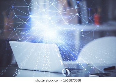 Technology theme drawing and table with computer. Multi exposure. Concept of information.