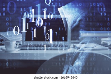 Technology theme drawing and table with computer. Multi exposure. Concept of information.