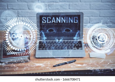Technology theme drawing and table with computer. Double exposure. Concept of information.