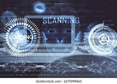 Technology theme drawing and table with computer. Multi exposure. Concept of information.