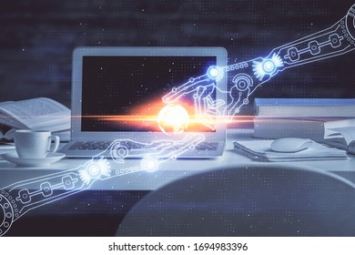 Technology theme drawing and table with computer. Multi exposure. Concept of information. - Powered by Shutterstock - Get 15% off with code: PIKWIZARD15