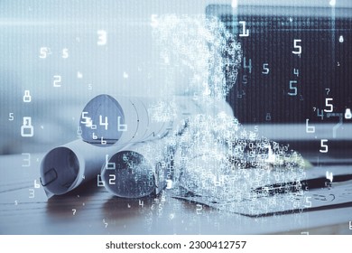 Technology theme drawing and table with computer. Double exposure. Concept of information.