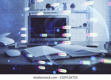 Technology theme drawing and table with computer. Multi exposure. Concept of information.
