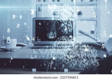 Technology theme drawing and table with computer. Multi exposure. Concept of information.