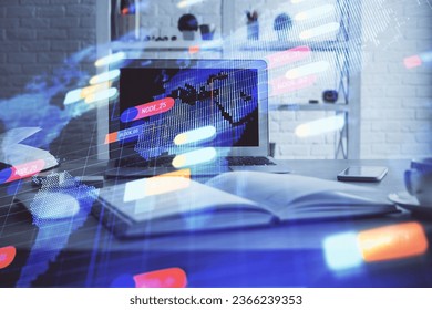 Technology theme drawing and table with computer. Multi exposure. Concept of information.
