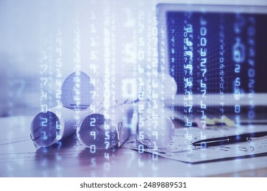 Technology theme drawing and table with computer. Double exposure. Concept of information.
