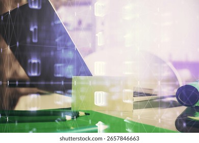 Technology theme drawing and table with computer. Double exposure. Concept of information.