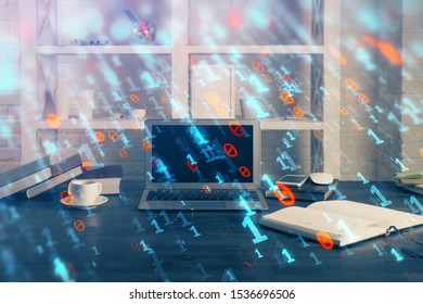 Technology theme drawing and work space with computer. Multi exposure. Concept of innovation.