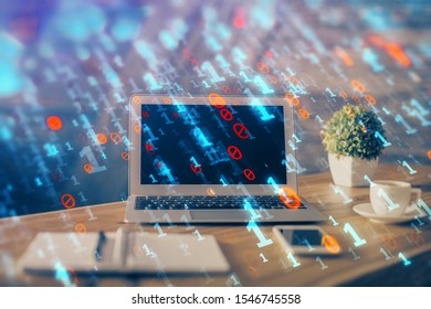 Technology theme drawing and work space with computer. Double exposure. Concept of innovation.