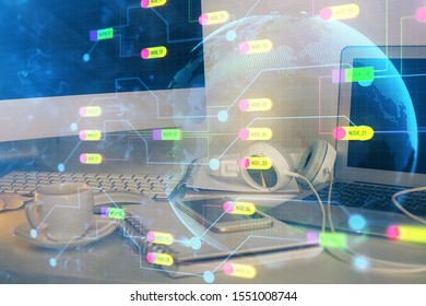 Technology theme drawing and work space with computer. Multi exposure. Concept of innovation.