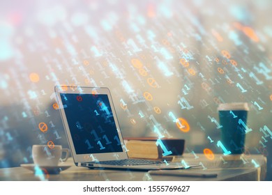 Technology theme drawing and work space with computer. Double exposure. Concept of innovation.