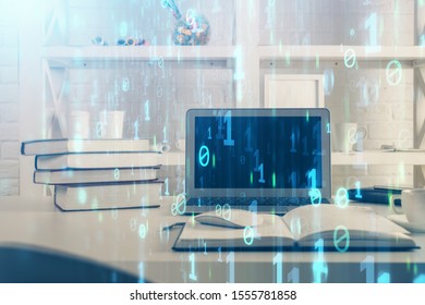 Technology theme drawing and work space with computer. Multi exposure. Concept of innovation.